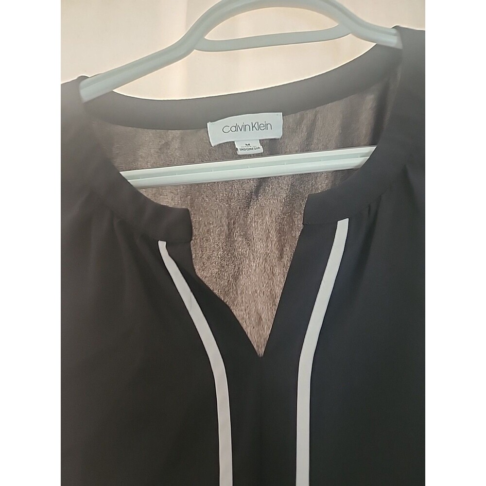 Calvin Klein Black Sheer Blouse With White Accent Sleeveless V-Neck M